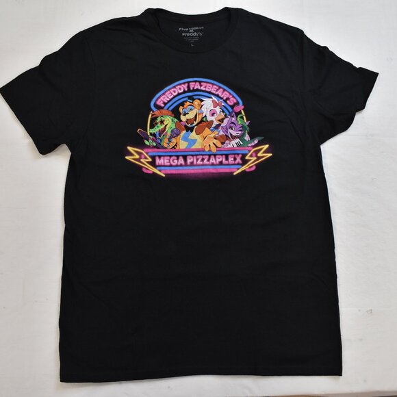 Five Nights At Freddy's Mens FNAF Mega Pizzaplex Neon Sign Group Shirt New Large - Picture 1 of 3